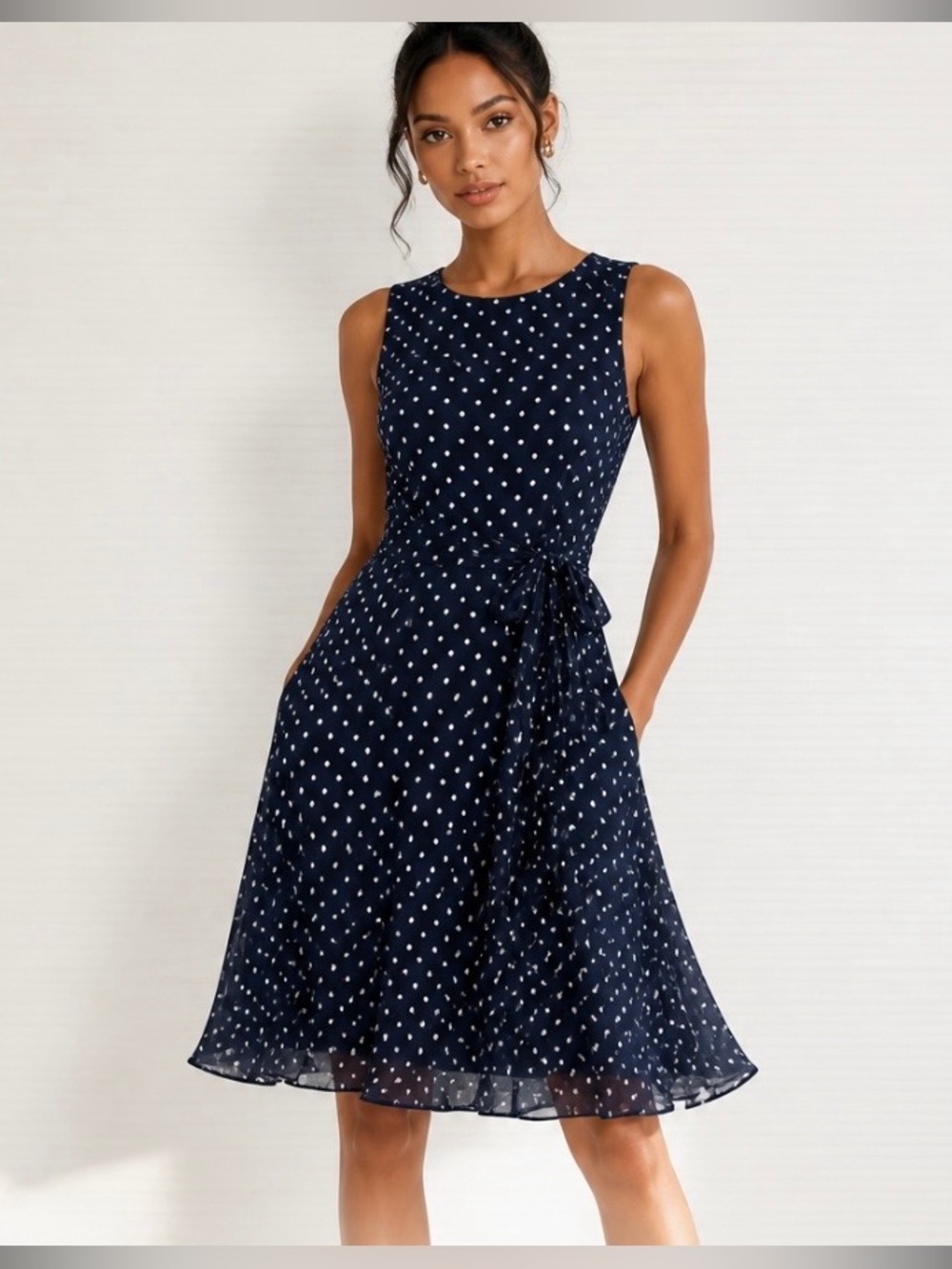 JOSEPH RIBKOFF Polka Dot Dress Navy Blue White Fit & Flare Wrap Tie Bow Waist